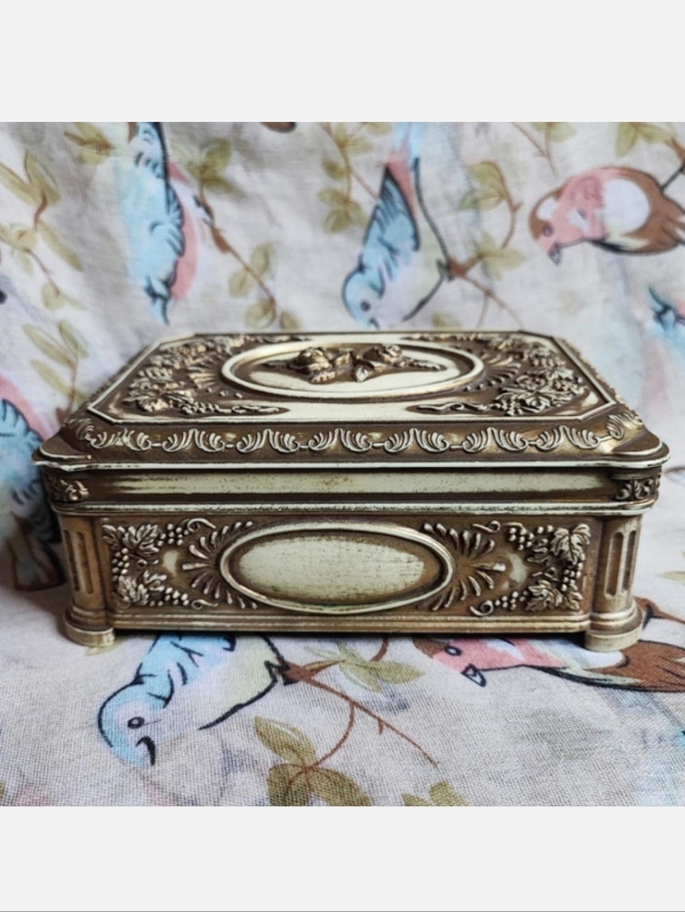 Vintage French Provincial Gold Brushed Faux Ivory Velveteen Lined Jewelry Box